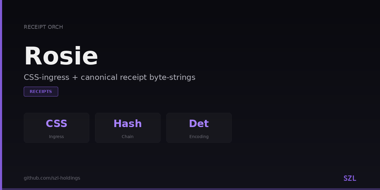 rosie — CSS-ingress and canonical receipt byte-strings brand graphic